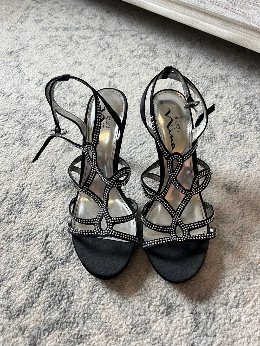 Nina Black Satin Strappy Heels with Rhinestone Trim